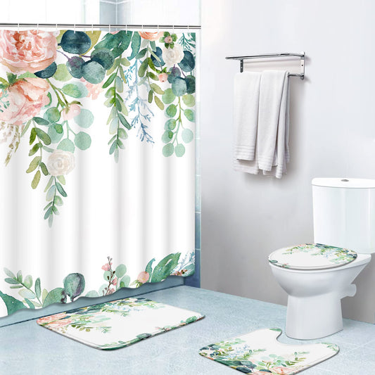4 Piece Shower Curtain Sets, with 12 Hooks, Watercolor Floral Wreath Peach White with Non- Rugs, Tet Lid Cover and Bath Mat, Durable and Waterproof, for Bathroom Decor Set, 72" x 72"