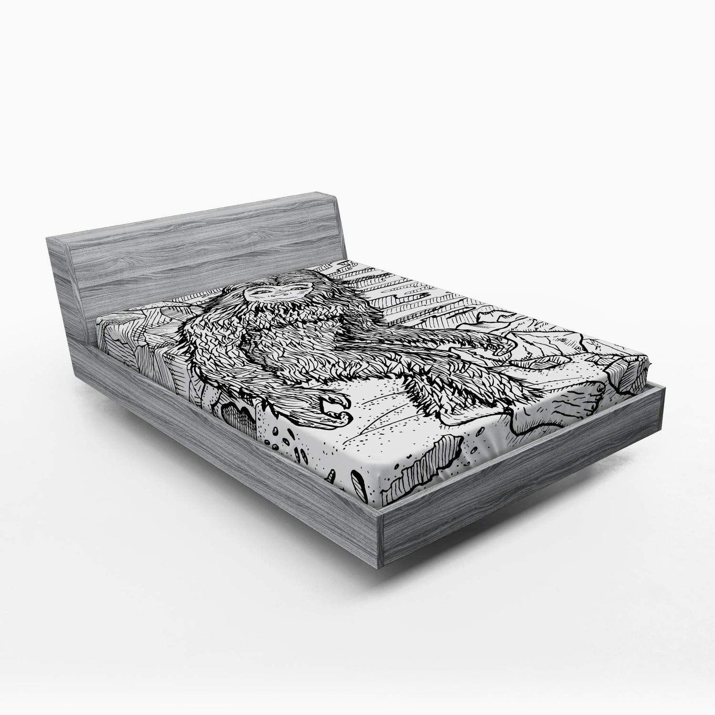 Fitted Sheet, Mythical Creature Snowman on The Hills Leaving Footprints Behind Him, Soft Decorative Fabric Bedding All-Round Elastic Pocket, Queen Size, Black Print