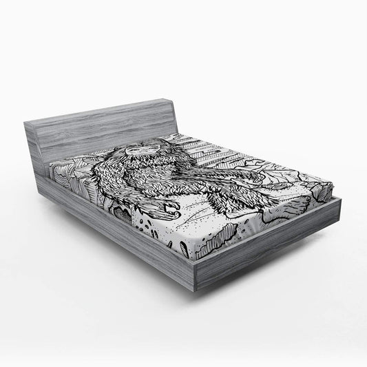 Fitted Sheet, Mythical Creature Snowman on The Hills Leaving Footprints Behind Him, Soft Decorative Fabric Bedding All-Round Elastic Pocket, Queen Size, Black Print