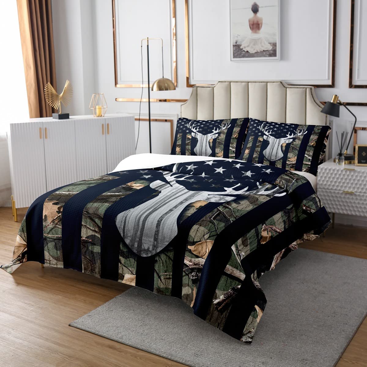 Camouflage USA Flag Coverlet Set Twin Size,Green Camo Grey Deer Antlers and Trees Quilted Coverlet for Kids Children Room, Flag Modern Bedspread 2 Piece Quilt Set with 1 Pillow Sham
