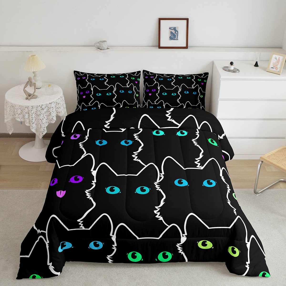 Cute Cat Comforter Set Twin K aii Kitten Bedding Set for Girls Boys Bedroom Cartoon Animal Bedding Gradient Neon Quilts 2pcs Lightweight Down Comforter for All Seasons
