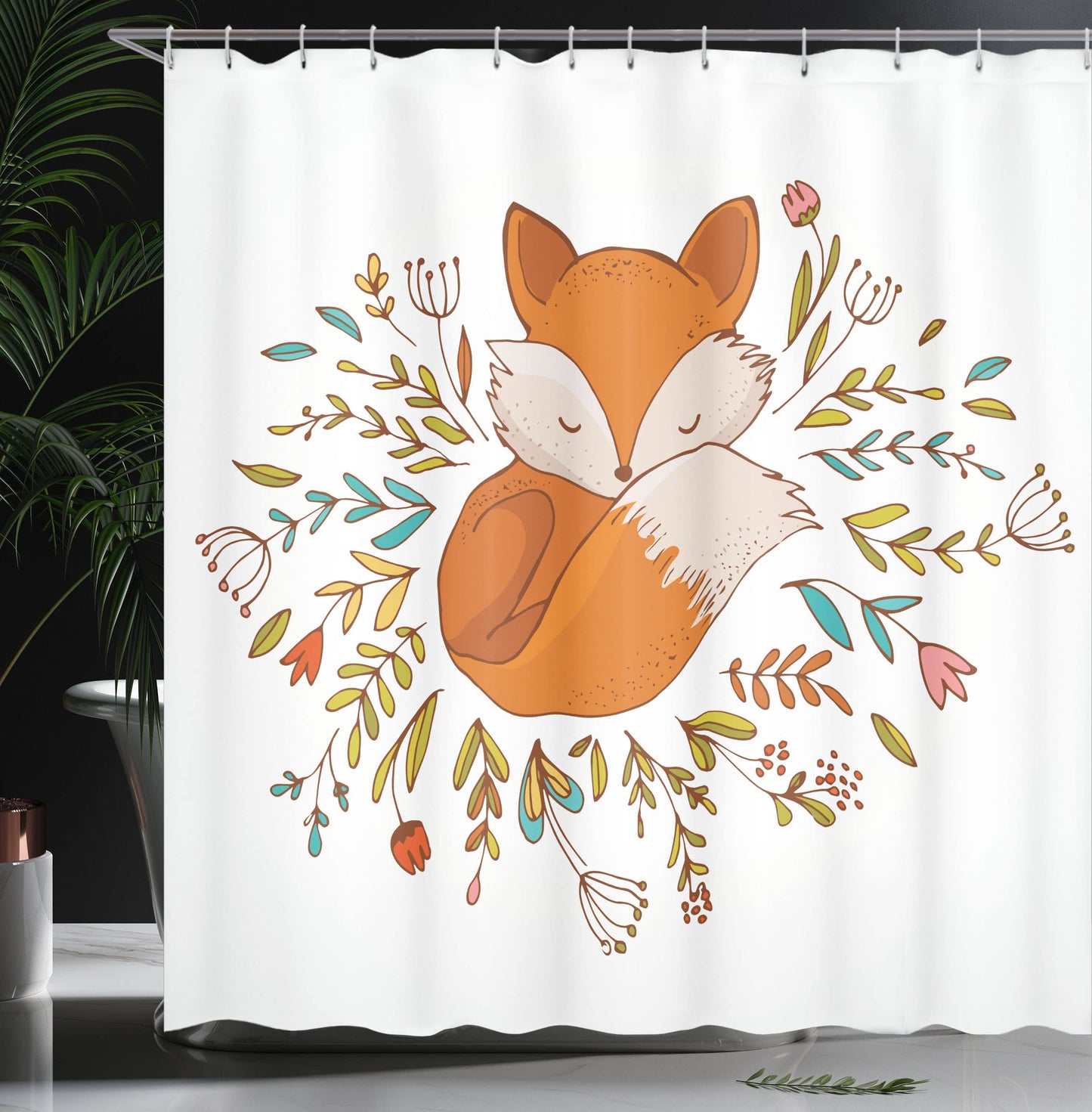 Cartoon Shower Curtain, Fox Sleeping in a Floral Made Bed Circle Art Print, Cloth Fabric Bathroom Decor Set with Hooks, 69" W x 84" L, Dark Orange White