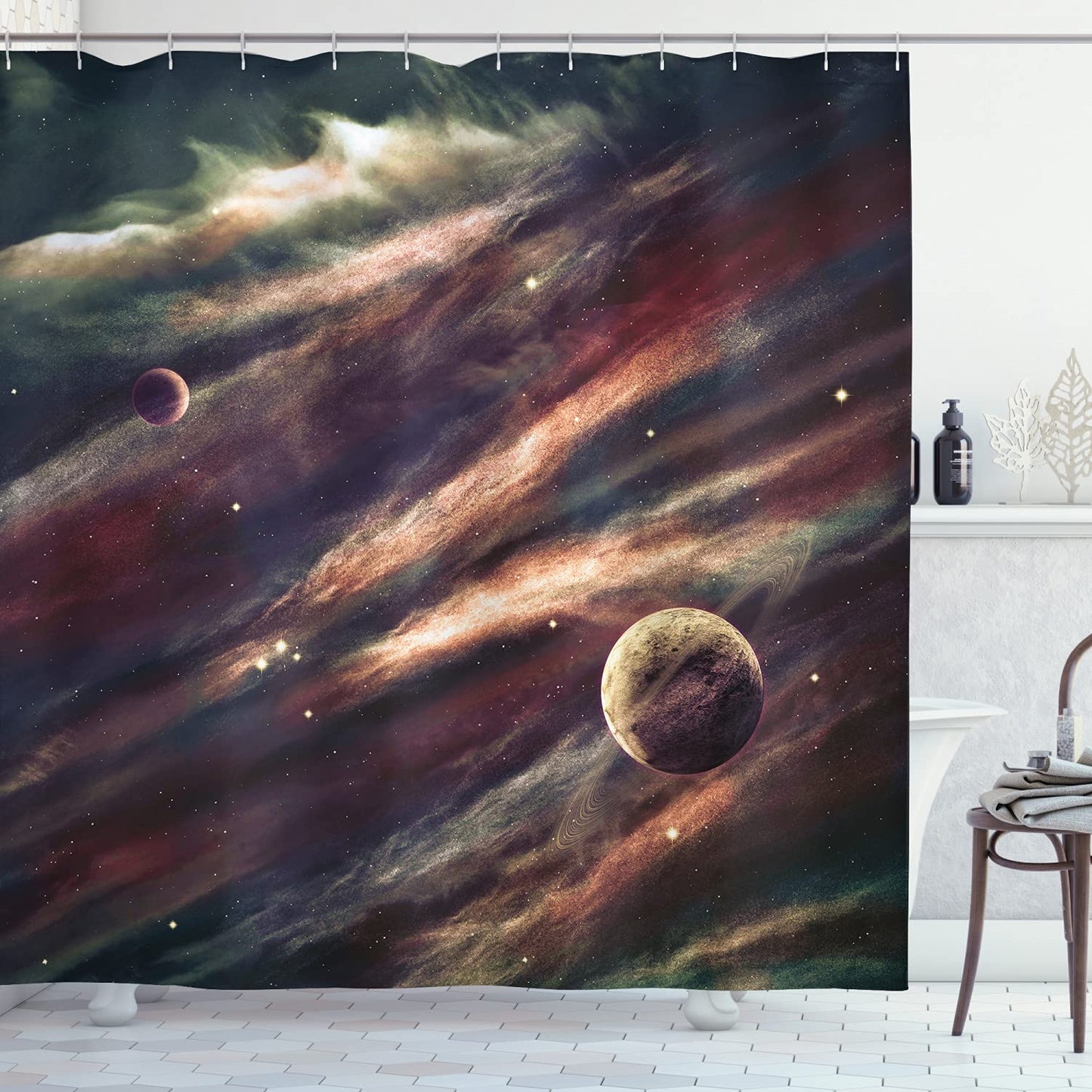 Outer Space Shower Curtain, Planets Over Nebula Gas Cloud Space axy Star Illustration, Cloth Fabric Bathroom Decor Set with Hooks, 69" W x 84" L, Rose Ivory