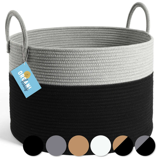 Gray  White Throw Blanket Basket for Living Room  Large Woven Baskets for Storage  Cotton Rope Baskets with Handles  Big Nursery Laundry Basket  Blanket Bin  Pillow Basket  20x13