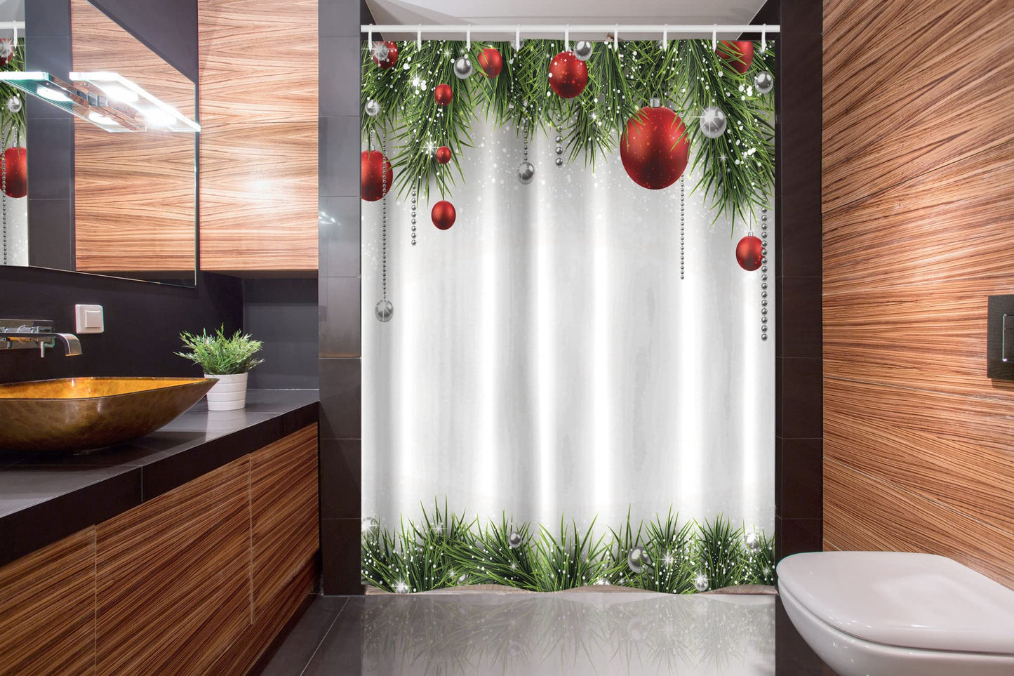 Stall Shower Curtain, Clical Ornaments and Baubles Coniferous Pine Tree Twig Tinsel Print, Fabric Bathroom Decor Set with Hooks, 54" W x 78" L, Green Red