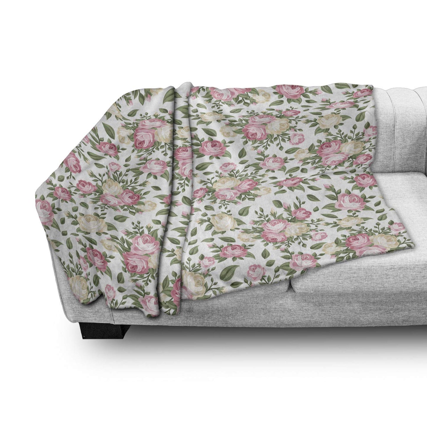 Flower Throw Blanket, Roses Rosebuds Leaves Bouquet Flower Arrangements Bridal Victorian Style, Flannel Fleece Accent Piece Soft Couch Cover for Adults, 50" x 60", White Pink