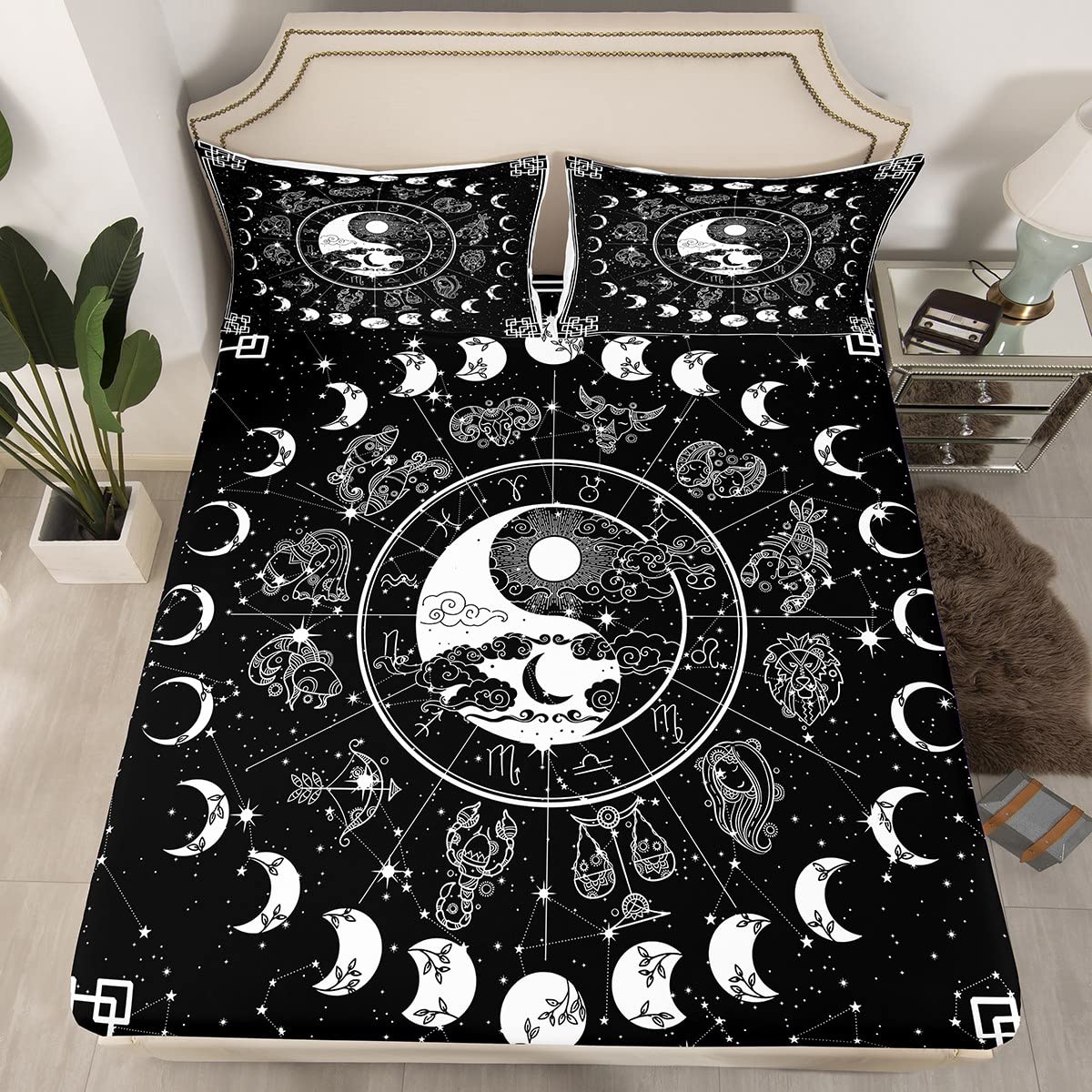 Sun and Moon Bed Sheets Queen, Constellations Zodiac Fitted Sheet Moon Phase Bedding Set Yin and Yang Bed Cover Starry Night Astrology Stars Bed Sheets,Black White Decor Microfiber