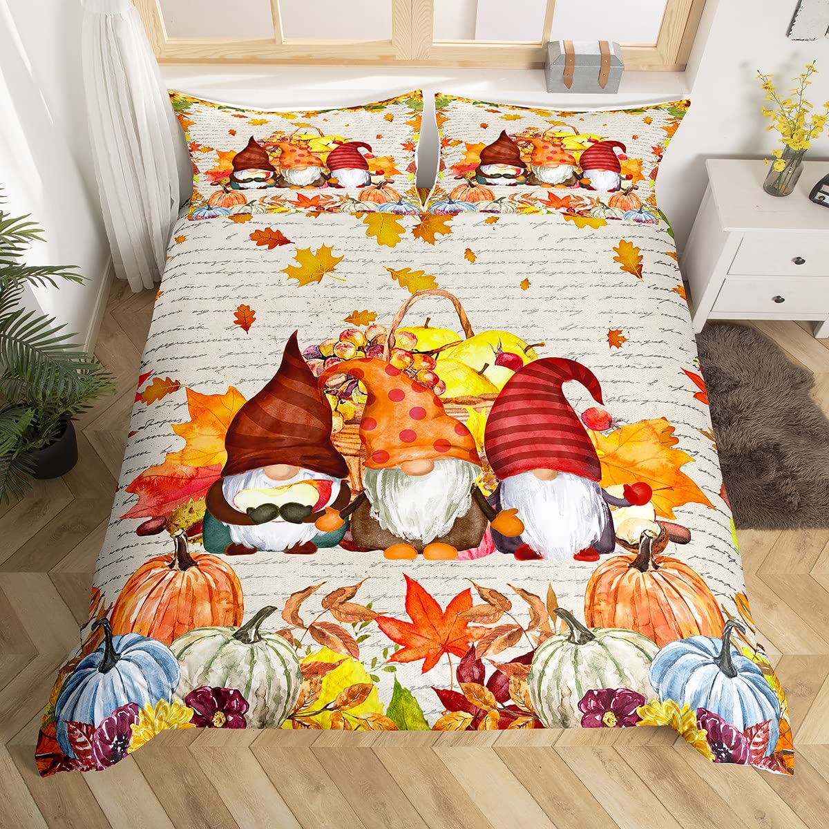 Fall Harvest Comforter Cover Twin for Kids Boys Girls,Gnome Thanksgiving Bedding Set Autumn Maple Leaves Bed Sets Caroon Pumpkin Soft Duvet Cover K aii Gnomes Bedroom Decor with 1 Pillowcase