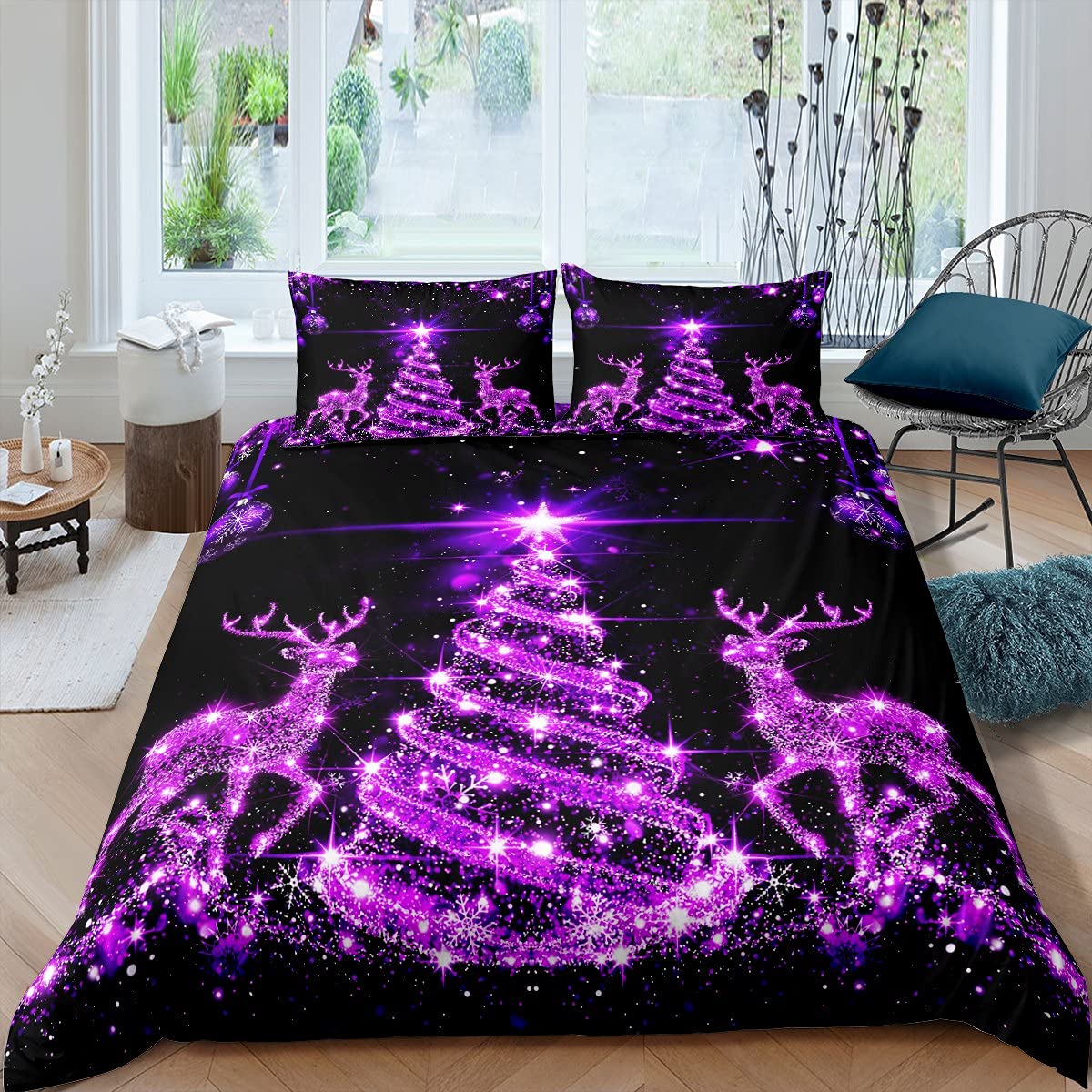 Tree Duvet Cover Set Queen Size Purple Twinkling Deer Comforter Cover Western New Year Bedding Set 3pcs for Kids Boys Girls Room Decor Theme Quilt Cover with 2 Pillowcases