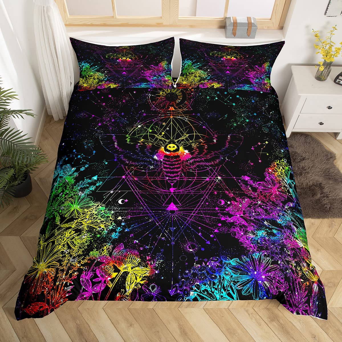 Gothic Moth Duvet Cover Set Sun and Moon Bedding Set Twin Rainbow Trippy axy Comforter Cover Starry Sky Bedding,Hippie Bohemian Quilt Cover Psychedelic Astrology Bed Cover 2Pcs