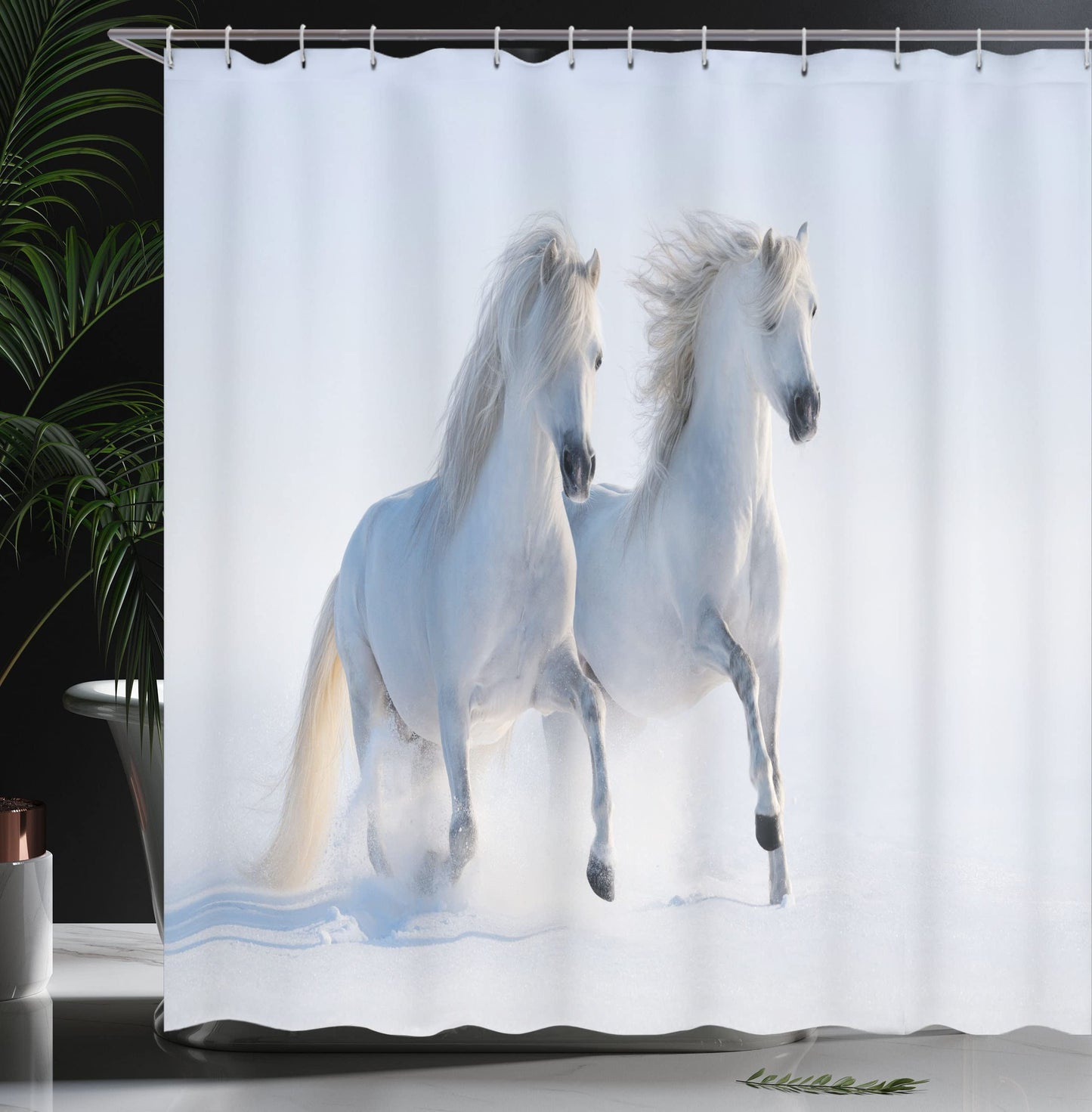 Horses Shower Curtain, loping Rare Spotted Horses on Snow Field Dominant es A ino Different Animals Print, Cloth Fabric Bathroom Decor Set with Hooks, 69" W x 84" L, White