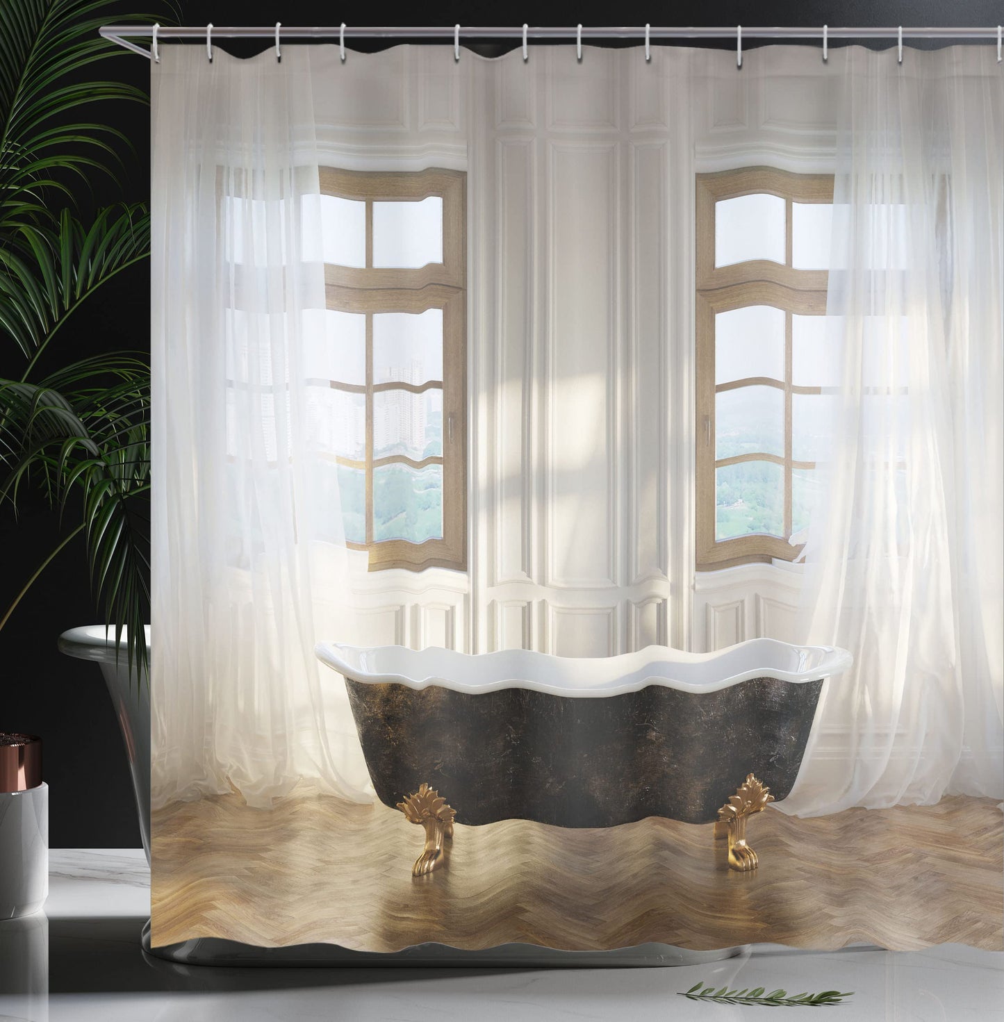 Antique Shower Curtains for Bathroom Retro Bathtub in Modern Room In or Hardwood Clics Space Design Washable Cloth Fabric Master Restroom Decor Set with Hooks 69" W x 84" L Ivory White