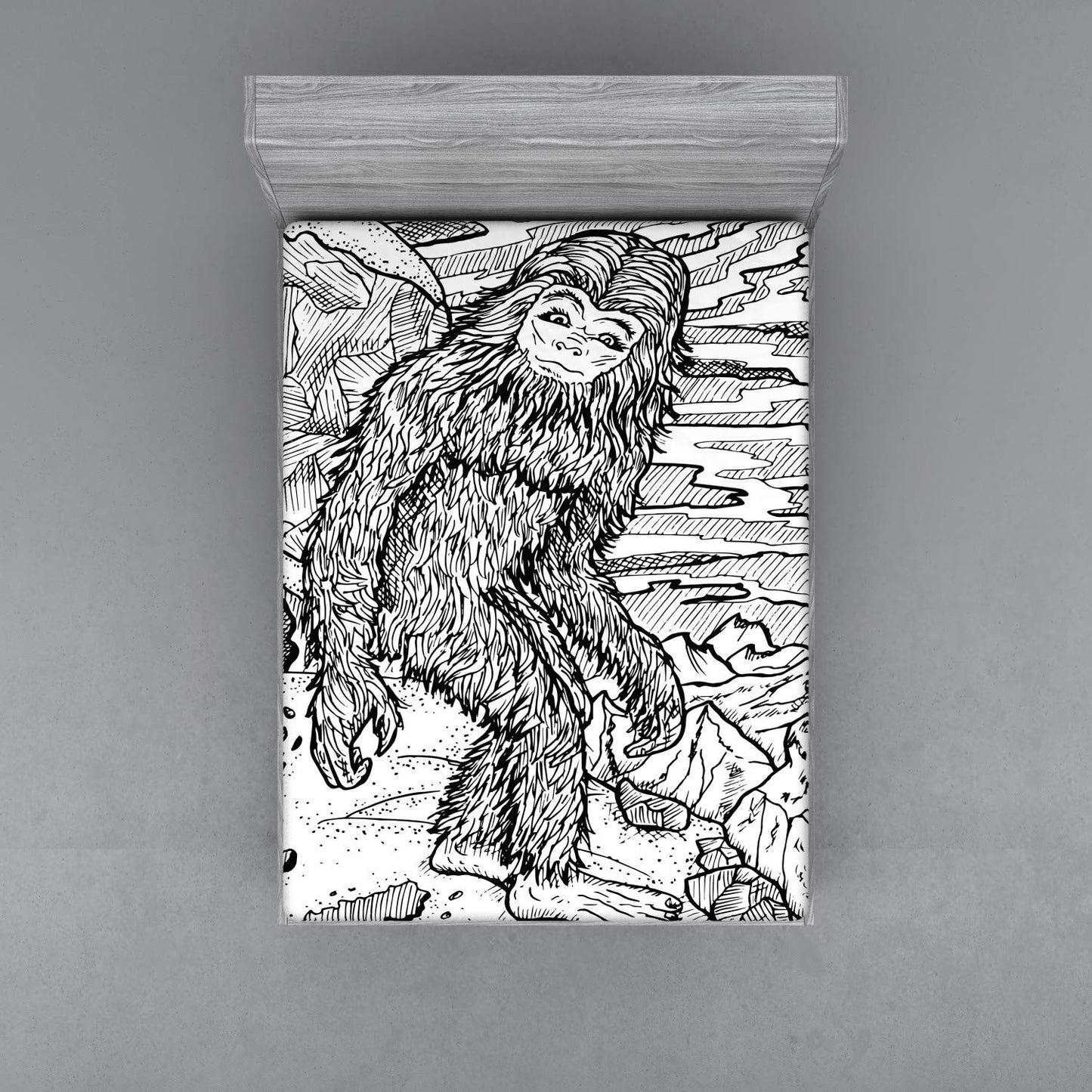 Fitted Sheet, Mythical Creature Snowman on The Hills Leaving Footprints Behind Him, Soft Decorative Fabric Bedding All-Round Elastic Pocket, Queen Size, Black Print