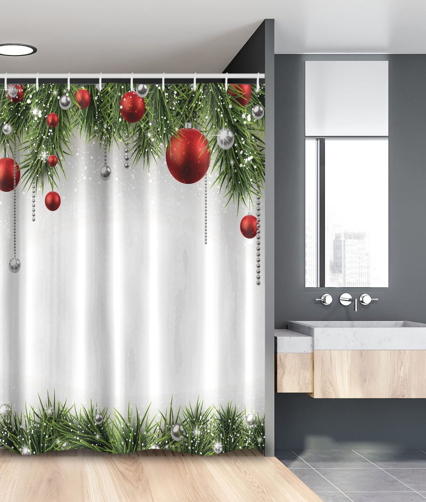 Stall Shower Curtain, Clical Ornaments and Baubles Coniferous Pine Tree Twig Tinsel Print, Fabric Bathroom Decor Set with Hooks, 54" W x 78" L, Green Red
