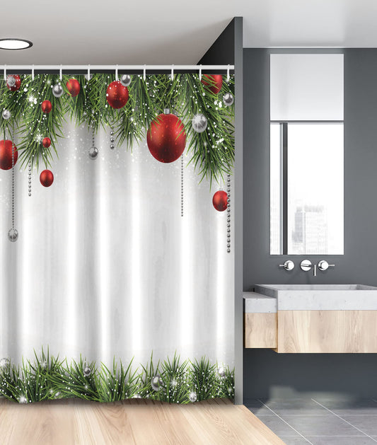 Stall Shower Curtain, Clical Ornaments and Baubles Coniferous Pine Tree Twig Tinsel Print, Fabric Bathroom Decor Set with Hooks, 54" W x 78" L, Green Red