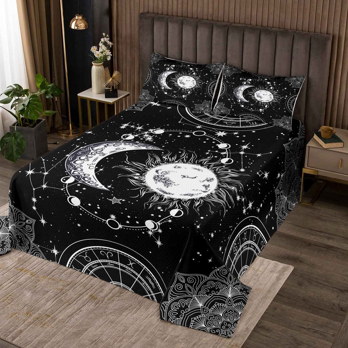 axy Bedspread Constellation Quilted Coverlet for Kids Boys Girls Teens Gothic Style Boho Mandala Coverlet Set Breathable Sun and Moon Quilted Black White Room Decor Queen Size