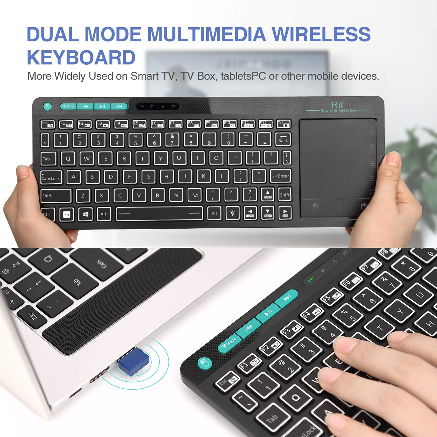 (Dual Mode) RT518S Wireless and Bluetooth 2-LED Color Backlit Multimedia Keyboard with Multi-Touch Big Size Trackpad,Rechargable Keyboard for Android TV Box,PC,Tablets,Smart TV, HTPC, IPTV,Windows