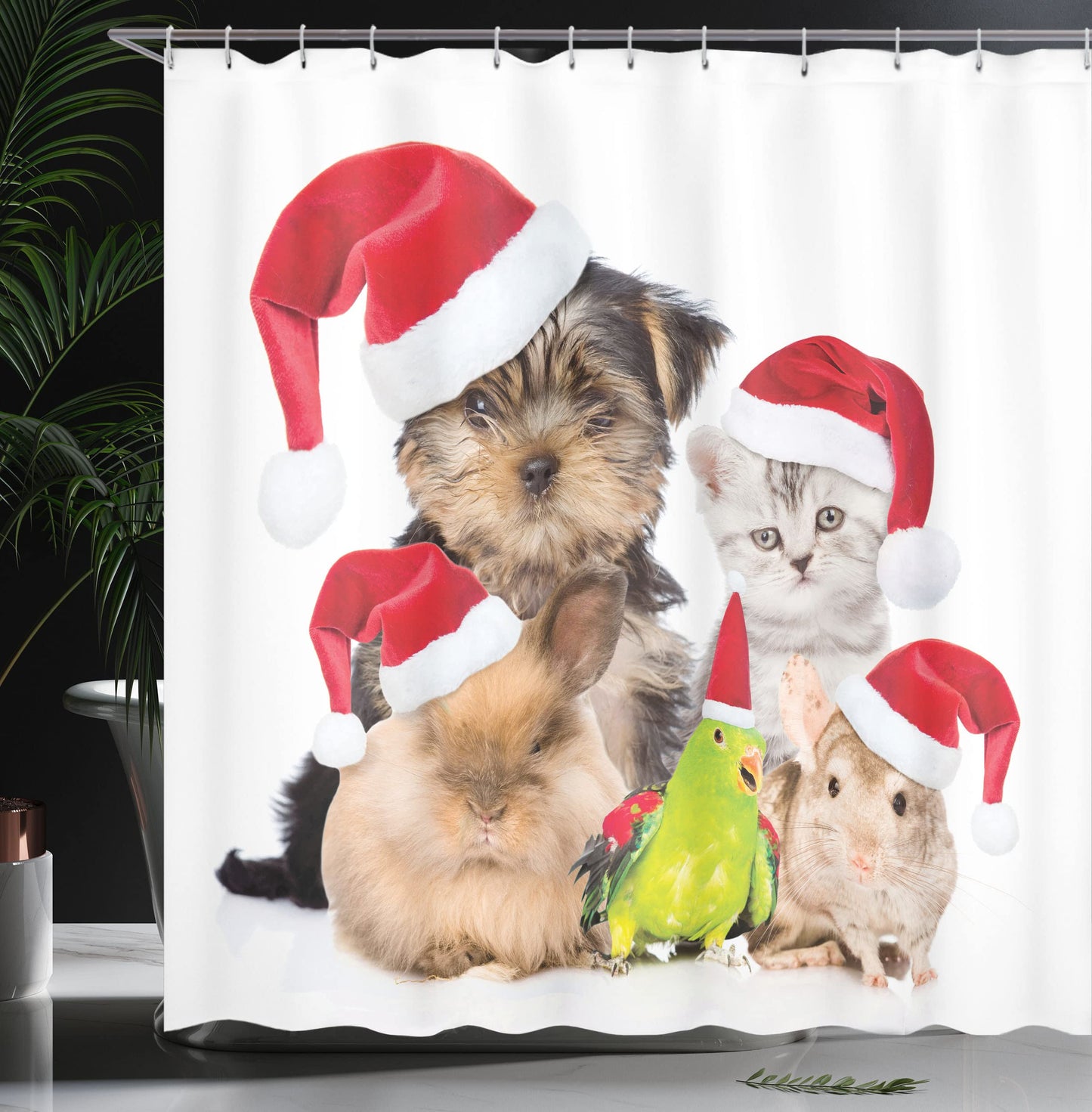 Shower Curtain, Xmas Crew Cat Dog Bird Mouse and Rabbit Bunny with Santa Hats Grumpy Pets Picture, Cloth Fabric Bathroom Decor Set with Hooks, 69" W x 84" L, Red Brown