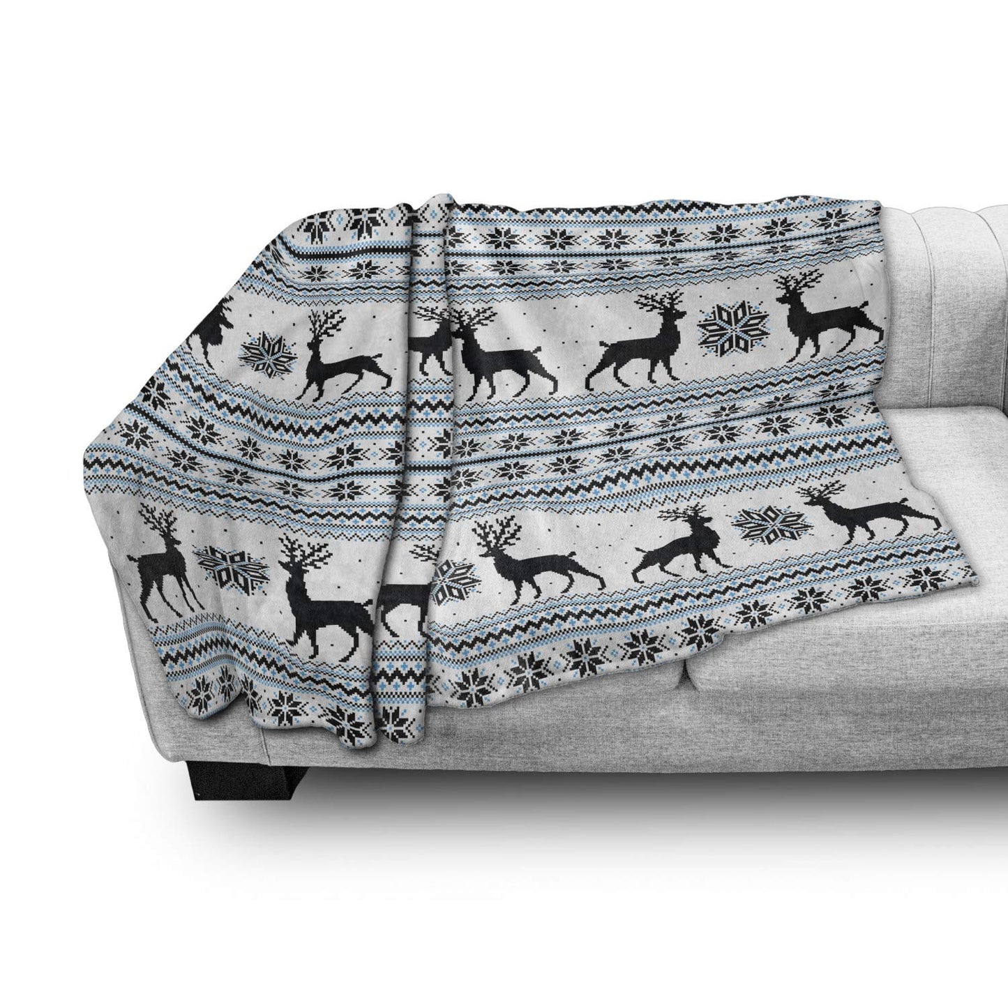 Nordic Throw Blanket, Chevron Zigzags Winter Floral Arrangement Norwegian Reindeer Snow Pattern, Flannel Fleece Accent Piece Soft Couch Cover for Adults, 60" x 80", Black White Sky Blue