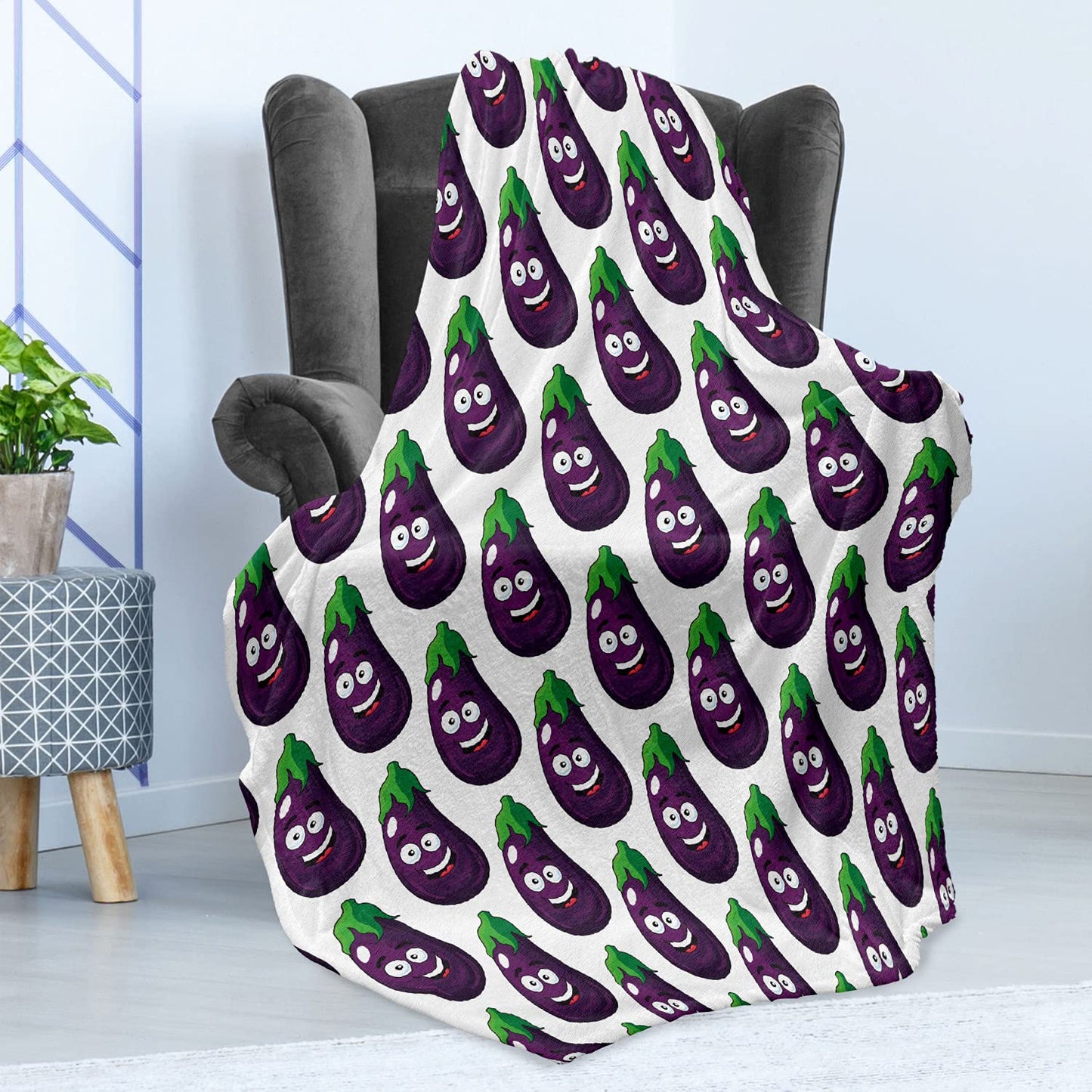 Farming Throw Blanket, Funny Eggplants Smiling Cheerful Faces Food Cook Theme Cartoon, Flannel Fleece Accent Piece Soft Couch Cover for Adults, 50" x 70", Purple Green