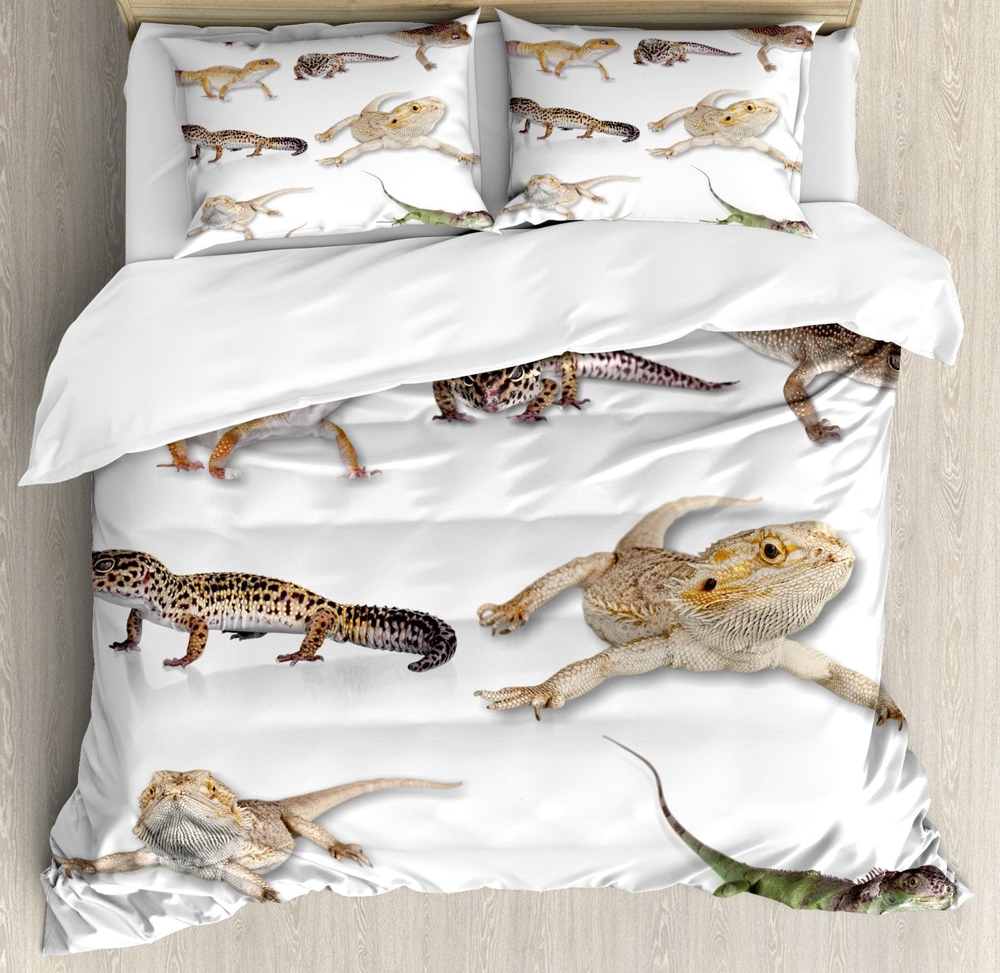 Reptile Duvet Cover Set, ing Leopard Gecko Family Image Prehistoric Reptiles Wildlife Print, Decorative 3 Piece Bedding Set with 2 Pillow Shams, Queen Size, Beige White