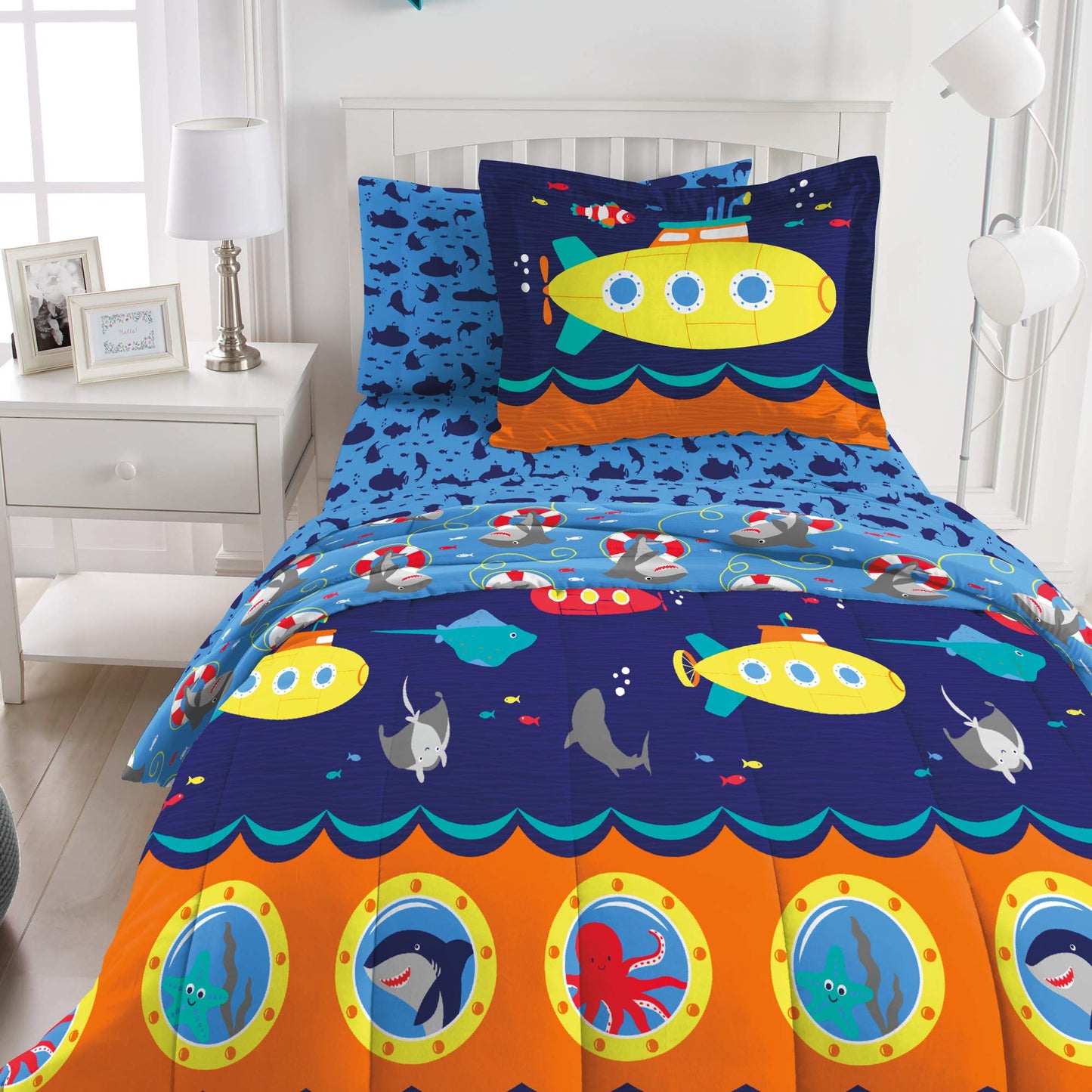 Kids 7-Piece Complete Set Easy-Wash Super Soft Microfiber Comforter Bedding, Full, Navy Submarine