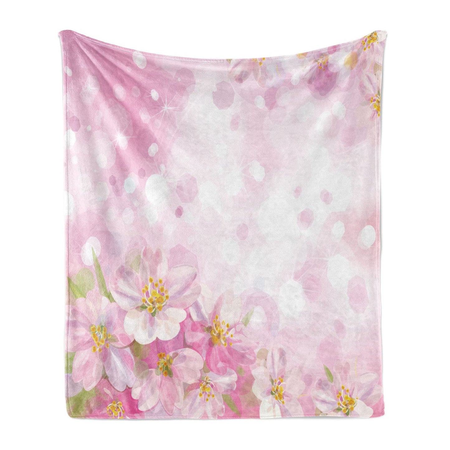 Rose Throw Blanket, Blossoming Spring Flowering Cherry Sakura April Tree Freshness Tenderness, Flannel Fleece Accent Piece Soft Couch Cover for Adults, 50" x 70", Yellow Green