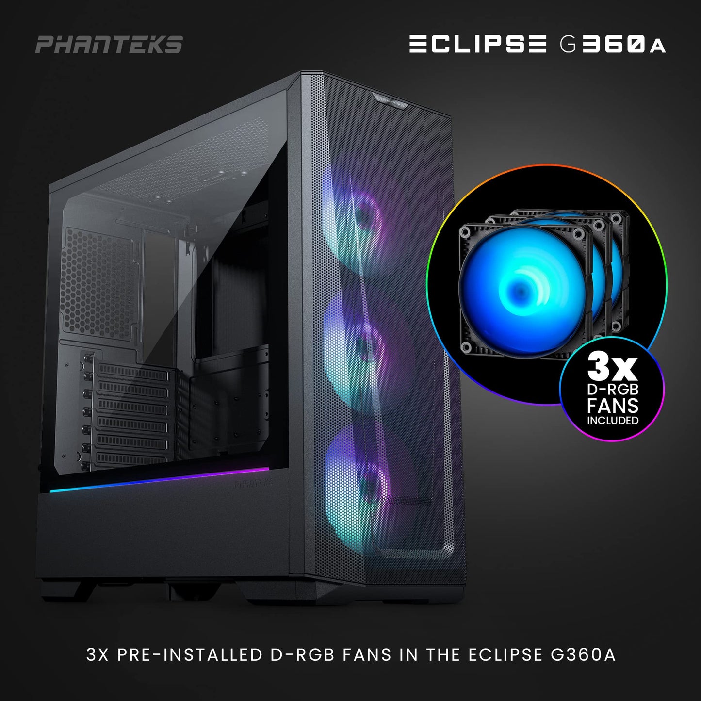 (PH-EC360ATG_DBK02) Eclipse G360A Ultra-fine Performance Mesh, Mid-Tower Gaming case, Tempered Glass, Digital-RGB Lighting, Black