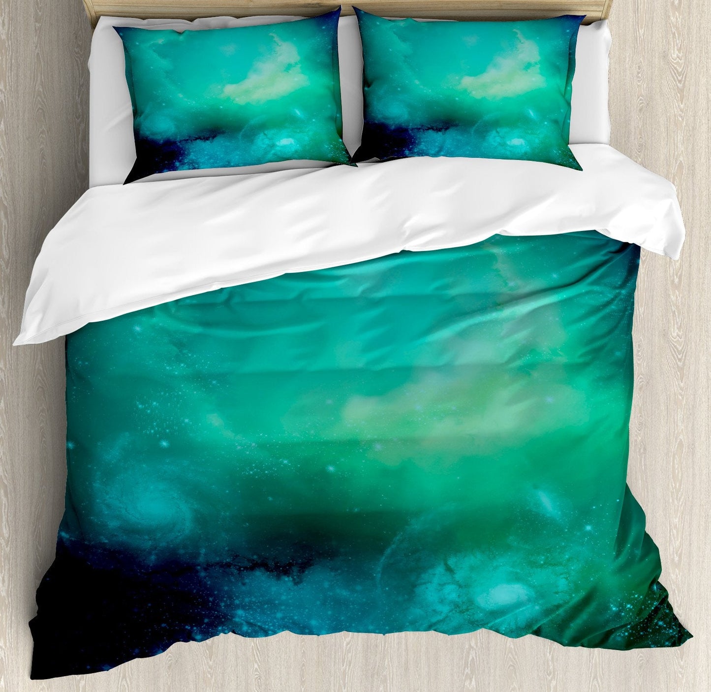 Outer Space Duvet Cover Set, Fog Space Starfield Nebula and Planet Universe Astral Zone Movements Celestial, Decorative 3 Piece Bedding Set with 2 Pillow Shams, Queen Size, Teal Navy