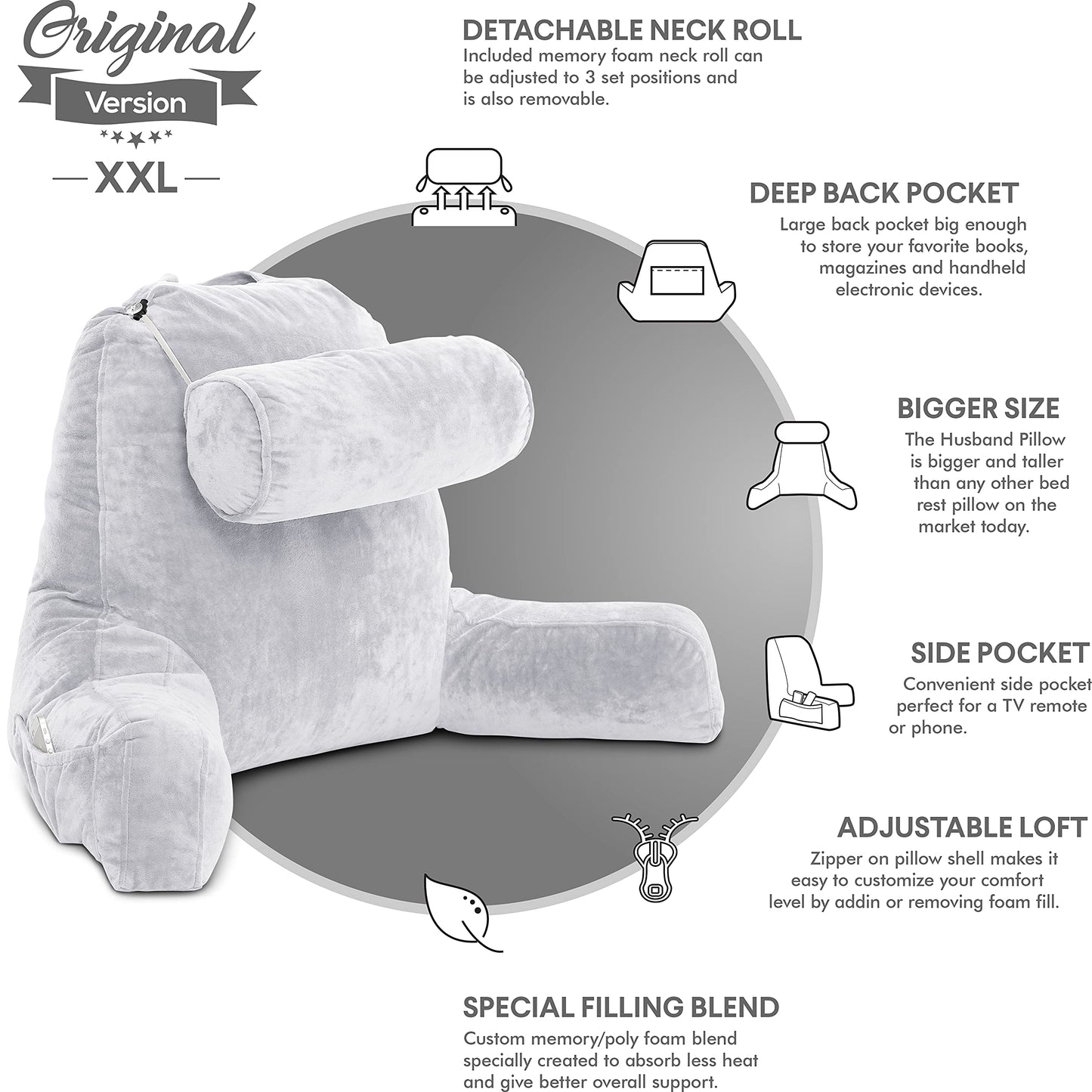 XXL Light Grey Backrest with Arms Adult Reading Shredded Memory Foam, Ultra-Comfy Removable Microplush Cover Detachable Neck Roll, Unmatched Support Sit Up Bed Rest Chair