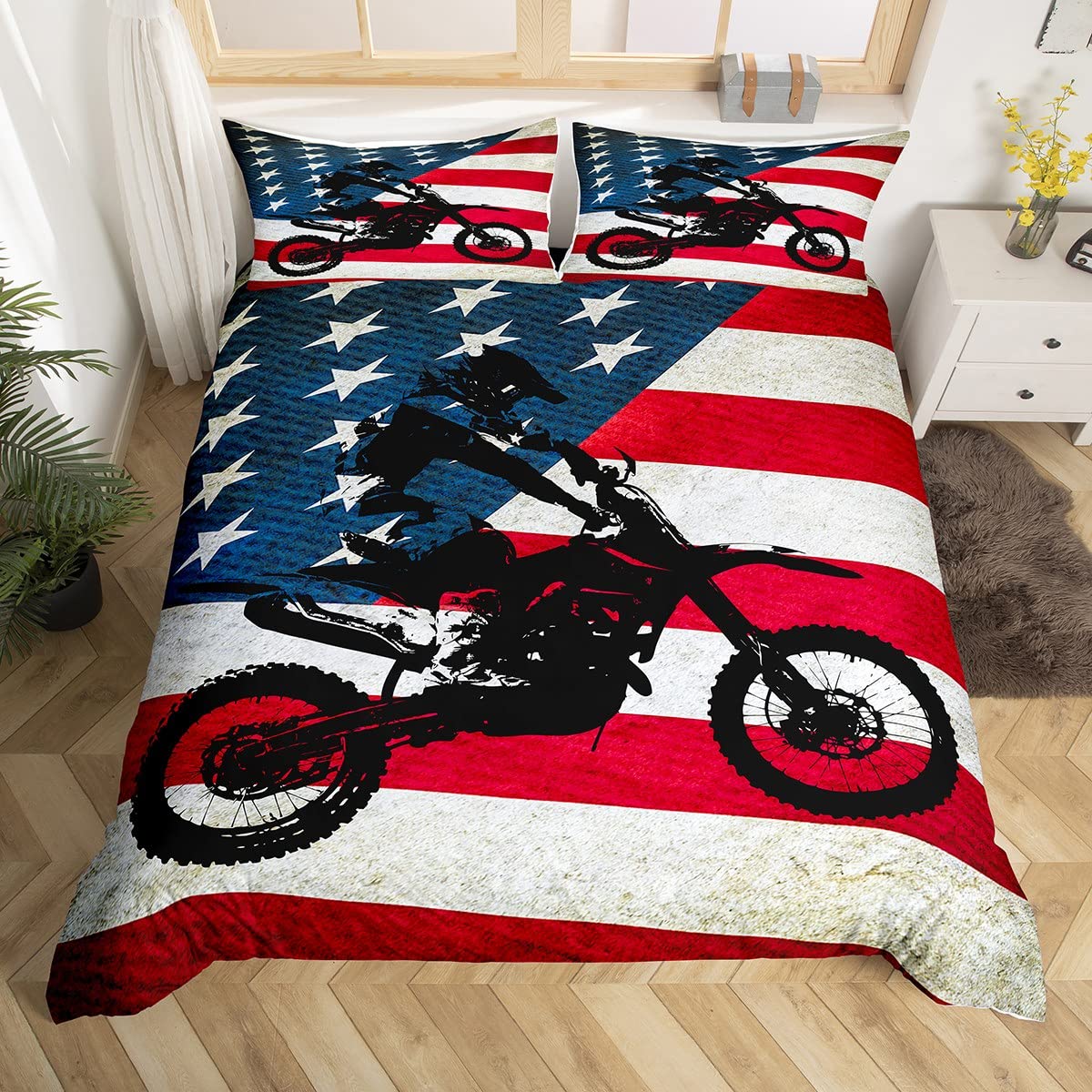 USA Flag Comforter Cover,Motocross Rider Dirt Bike Duvet Cover Twin,Red White Stripe Blue Black Stars Bedding Set for Kids Teenagers Boys Men with 1 Pillow Case,Cozy Friendly Soft