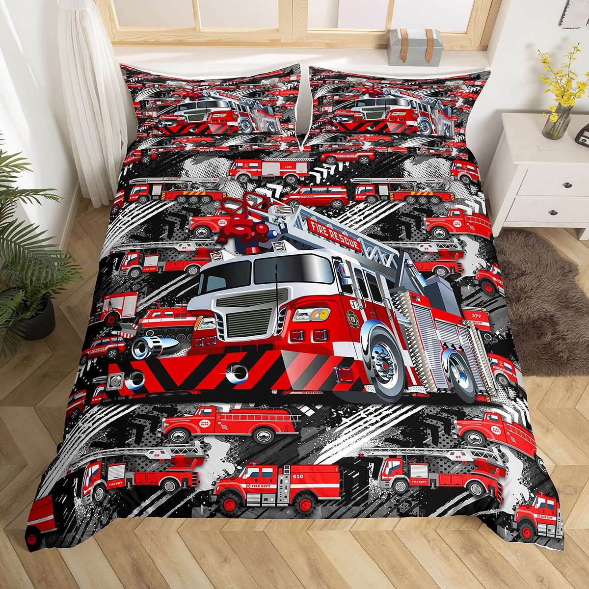 Truck Bedding Set Queen,Red Engine Comforter Cover for Boys Girls,Kids Car Vehicle Print Duvet Cover Set Fighting Truck Bedspread Cover Fashion Teens Bedroom Decor 3 Pcs Bed