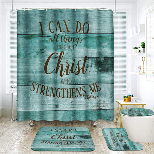 4 Pcs Shower Curtain Set I Can Do All Thing Rustic Wooden Pattern Green Vintage Bright Retro with Non- Rugs Tet Lid Cover and Bath Mat Bathroom Decor Set 72" x 72"