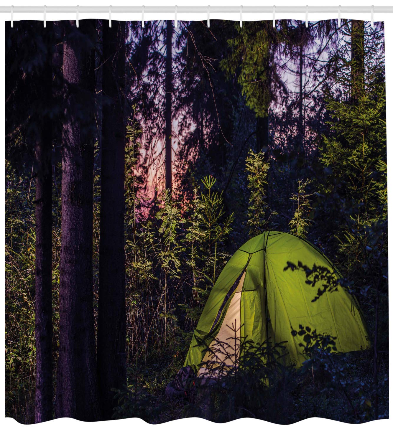 Camper Shower Curtain, Dark Forest in Late Evening with Spruce Trees and Purple Sky Outdoor Lifestyle, Cloth Fabric Bathroom Decor Set with Hooks, 69" W x 84" L, Seal Brown