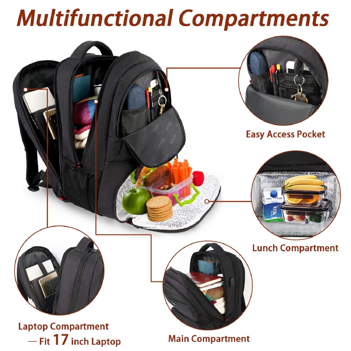Lunch Backpack for Men, 17 Inch Insulated Cooler Backpack Lunch Box Backpack with USB Charging Port, Water Resistant Computer School Bookbag College Laptop Backpack for Picnic Travel, Black