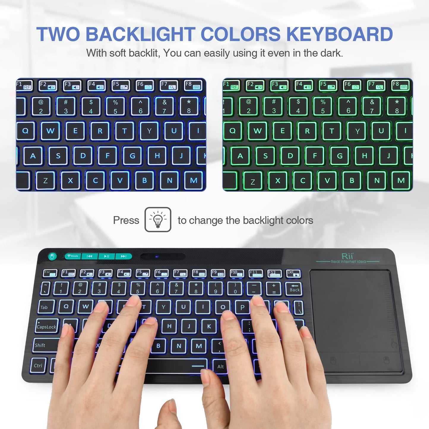 (Dual Mode) RT518S Wireless and Bluetooth 2-LED Color Backlit Multimedia Keyboard with Multi-Touch Big Size Trackpad,Rechargable Keyboard for Android TV Box,PC,Tablets,Smart TV, HTPC, IPTV,Windows