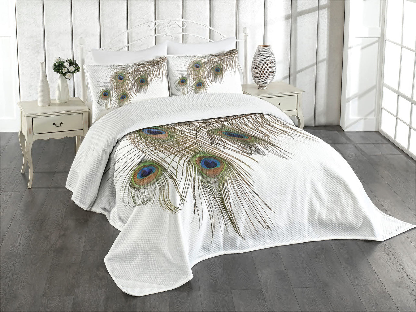 Peacock Bedspread, of Peacock Power Rising Out of Theshes Creature, Decorative Quilted 3 Piece Coverlet Set with 2 Pillow Shams, Queen Size, White Green