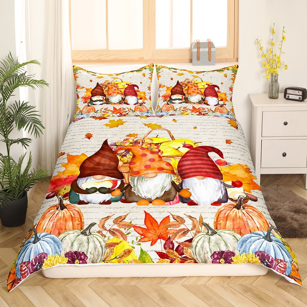 Fall Harvest Comforter Cover Twin for Kids Boys Girls,Gnome Thanksgiving Bedding Set Autumn Maple Leaves Bed Sets Caroon Pumpkin Soft Duvet Cover K aii Gnomes Bedroom Decor with 1 Pillowcase