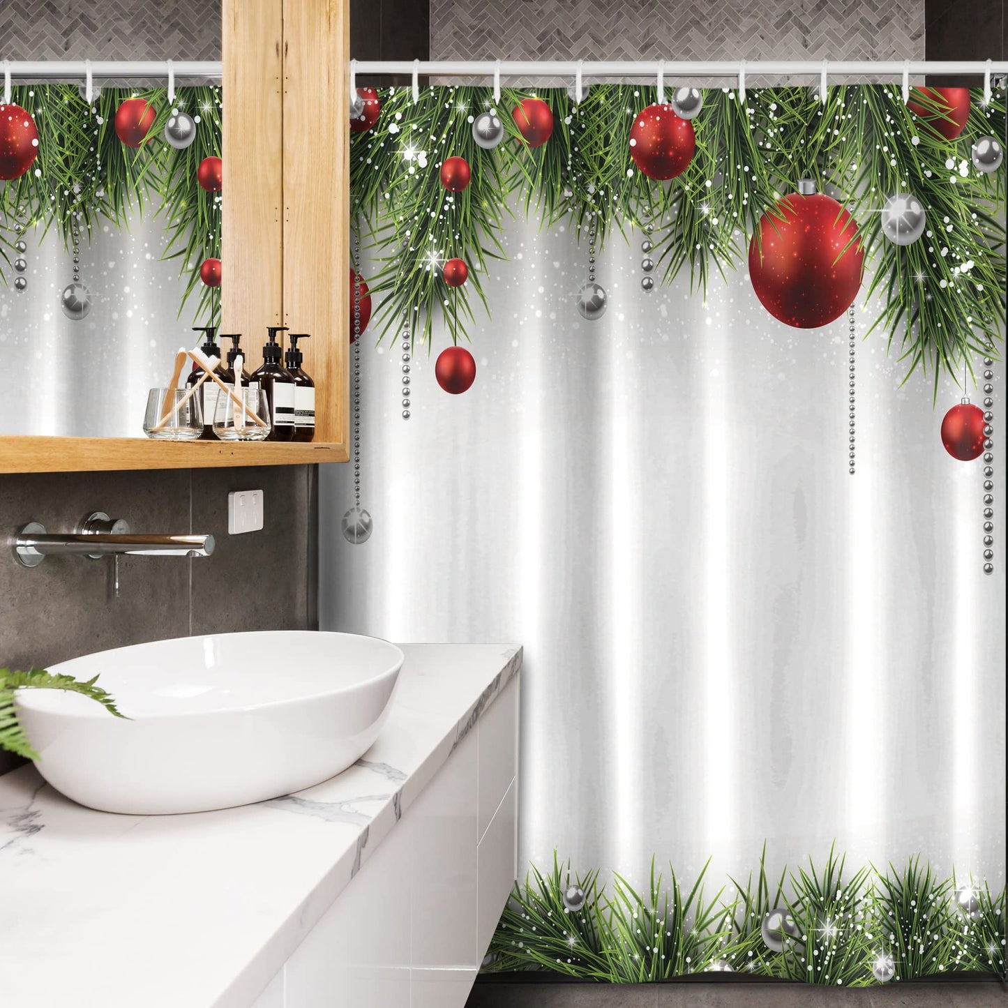 Stall Shower Curtain, Clical Ornaments and Baubles Coniferous Pine Tree Twig Tinsel Print, Fabric Bathroom Decor Set with Hooks, 54" W x 78" L, Green Red