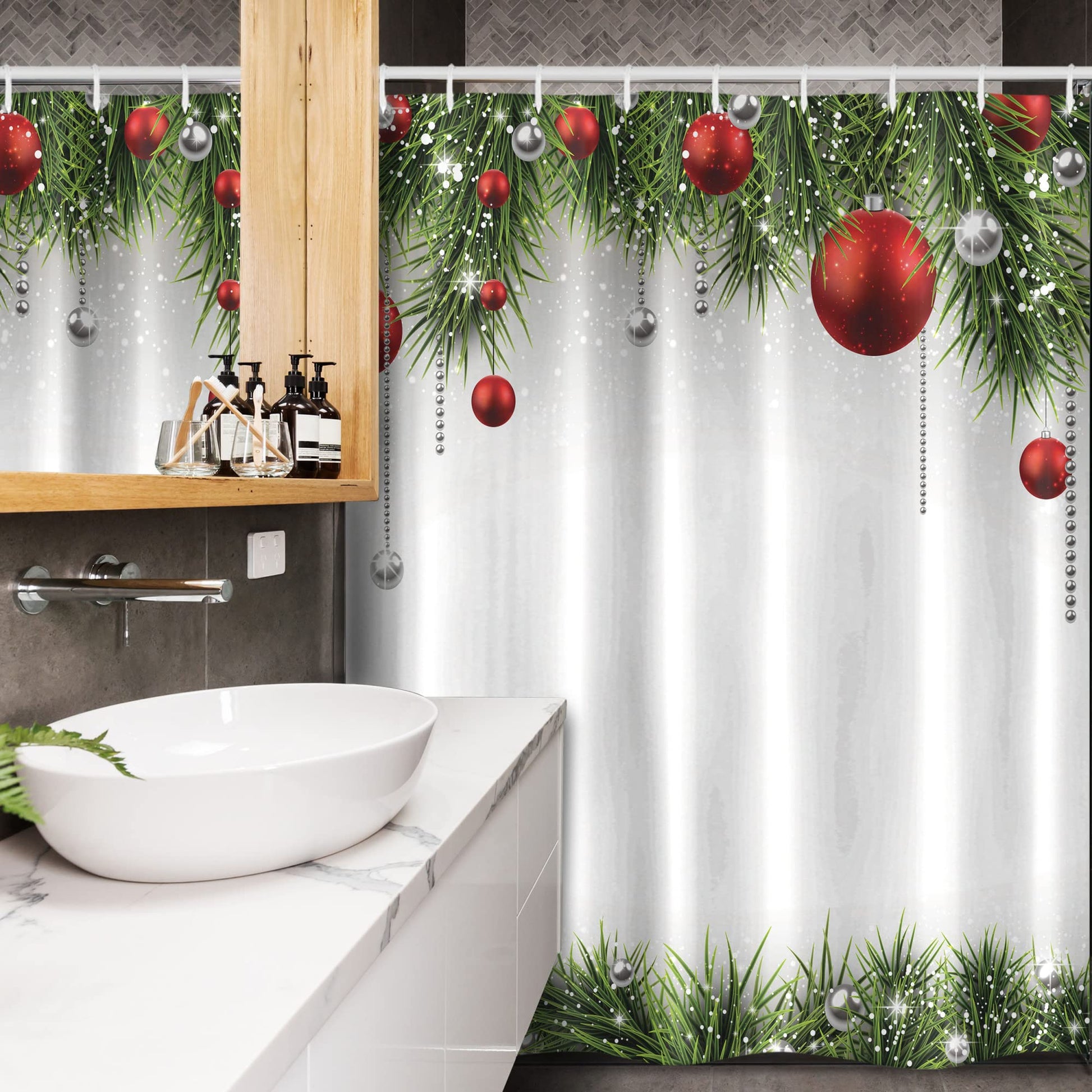 Stall Shower Curtain, Clical Ornaments and Baubles Coniferous Pine Tree Twig Tinsel Print, Fabric Bathroom Decor Set with Hooks, 54" W x 78" L, Green Red