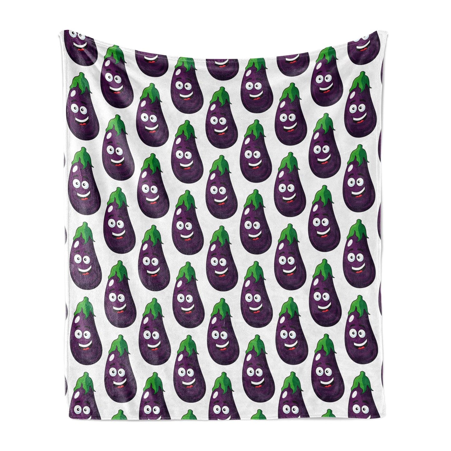 Farming Throw Blanket, Funny Eggplants Smiling Cheerful Faces Food Cook Theme Cartoon, Flannel Fleece Accent Piece Soft Couch Cover for Adults, 50" x 70", Purple Green