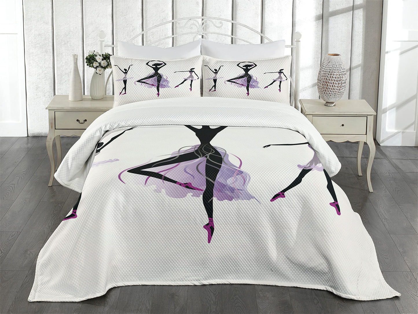 Ballet Bedspread, Ballerina Silhouettes Practising Clic Dance Performing Theatrical Art, Decorative Quilted 3 Piece Coverlet Set with 2 Pillow Shams, Queen Size, White Black