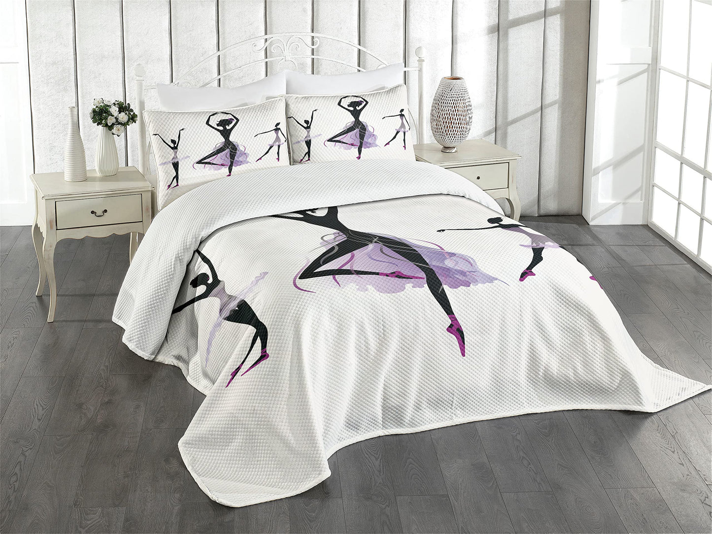 Ballet Bedspread, Ballerina Silhouettes Practising Clic Dance Performing Theatrical Art, Decorative Quilted 3 Piece Coverlet Set with 2 Pillow Shams, Queen Size, White Black