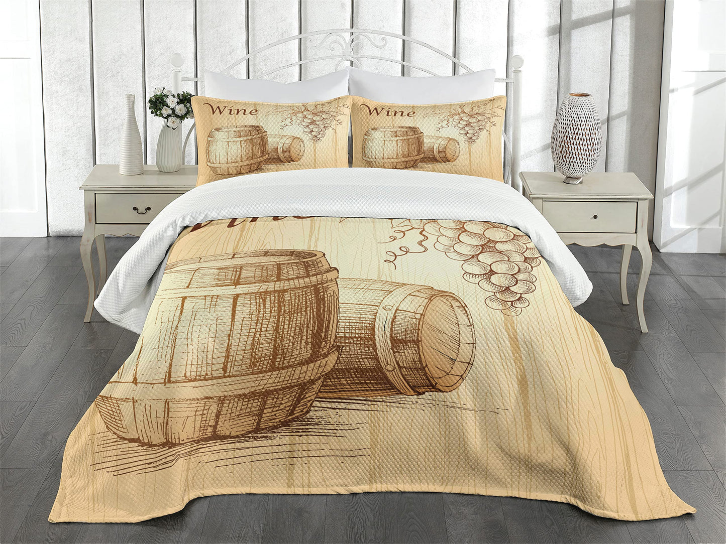 Wine Bedspread, Wooden Barrels and Bunch of Grapes on Wood Backdrop Botany Harvest Theme Artwork, Decorative Quilted 3 Piece Coverlet Set with 2 Pillow Shams, King Size, Brown Peach