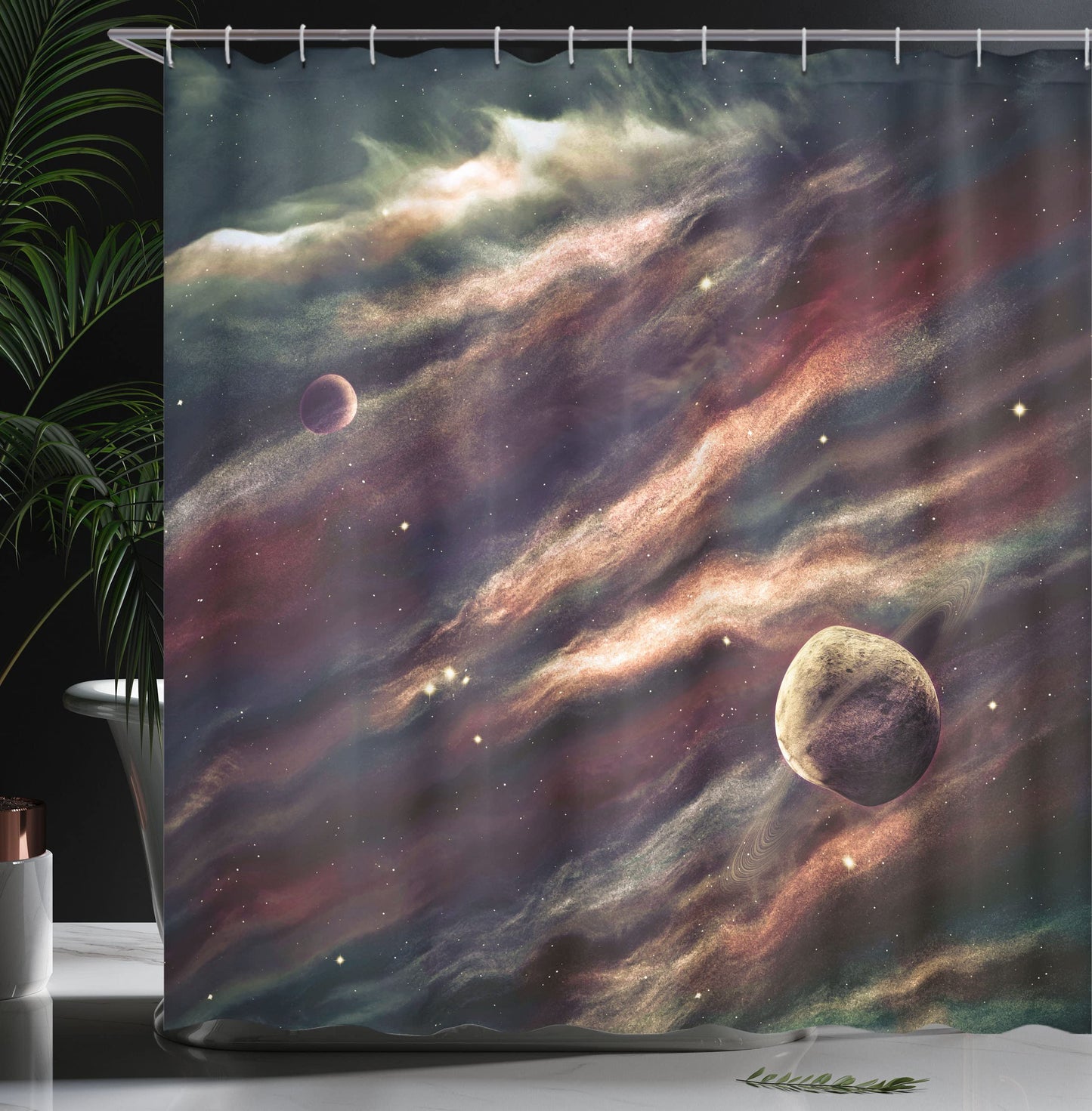 Outer Space Shower Curtain, Planets Over Nebula Gas Cloud Space axy Star Illustration, Cloth Fabric Bathroom Decor Set with Hooks, 69" W x 84" L, Rose Ivory