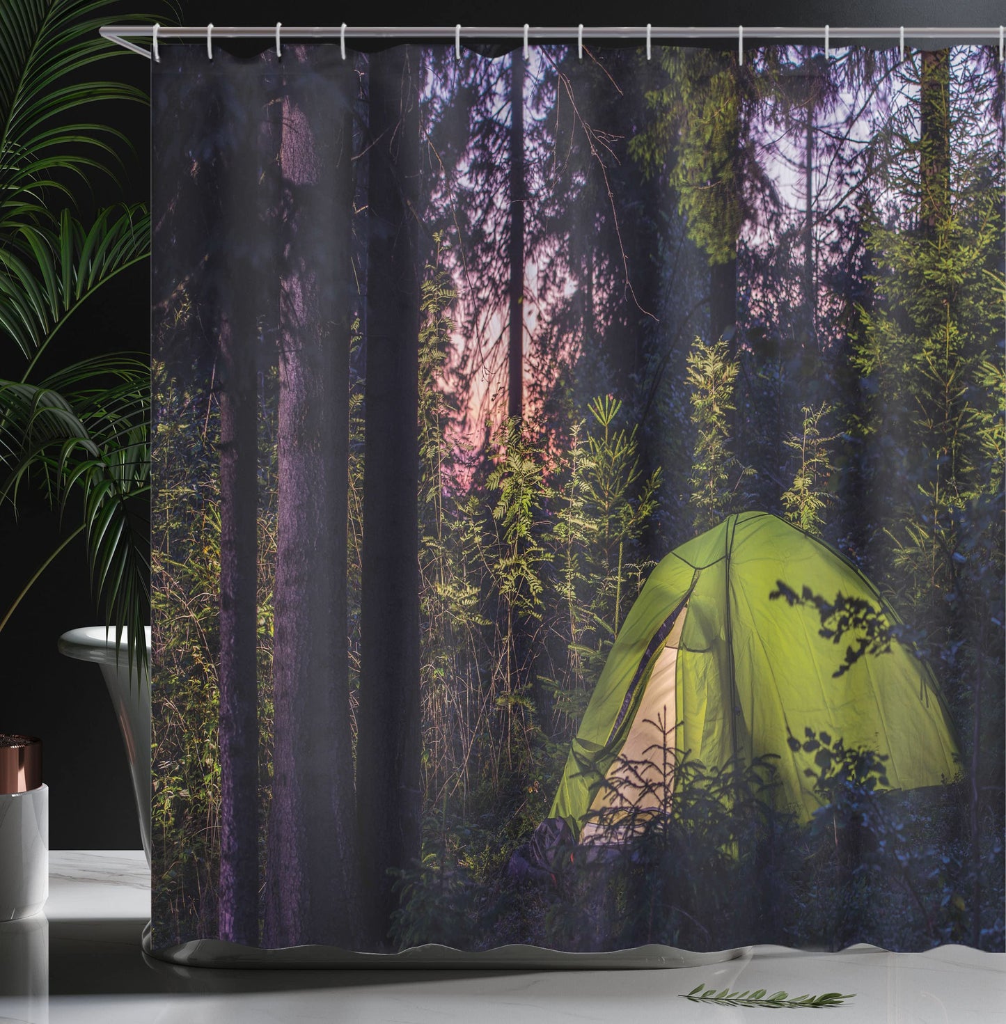 Camper Shower Curtain, Dark Forest in Late Evening with Spruce Trees and Purple Sky Outdoor Lifestyle, Cloth Fabric Bathroom Decor Set with Hooks, 69" W x 84" L, Seal Brown