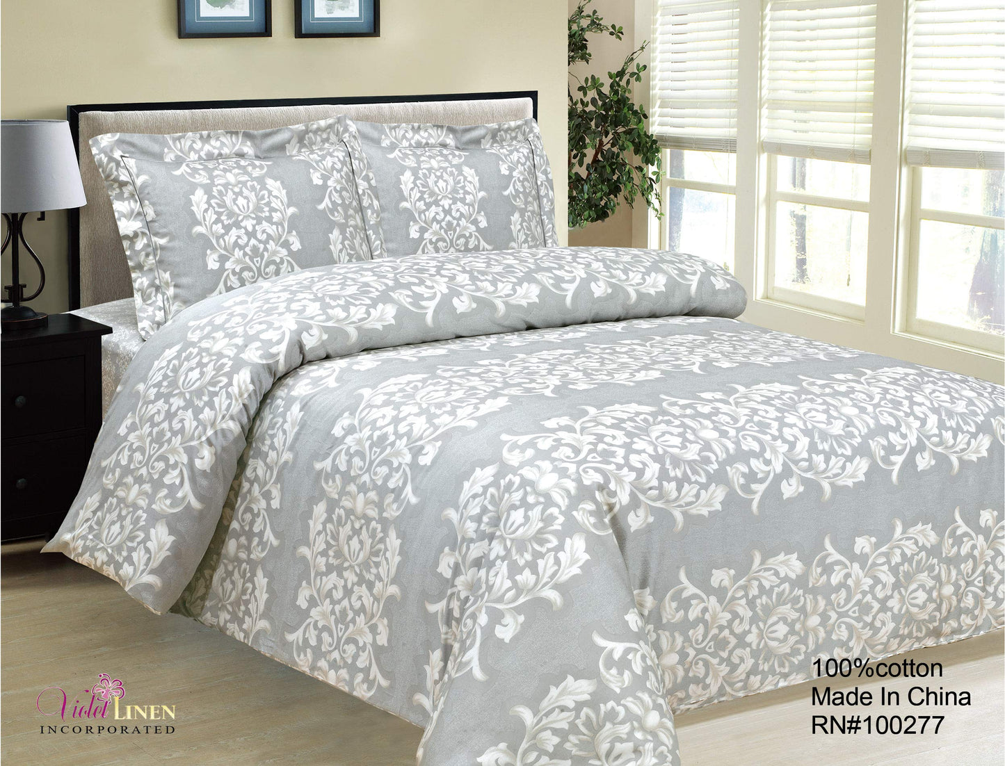 French Emblem Pattern, Ultra Soft 300 Thread Count Sateen Cotton, Grey, Twin 44-inch, 8 Piece, Bedding Duvet Cover Set for Two Beds
