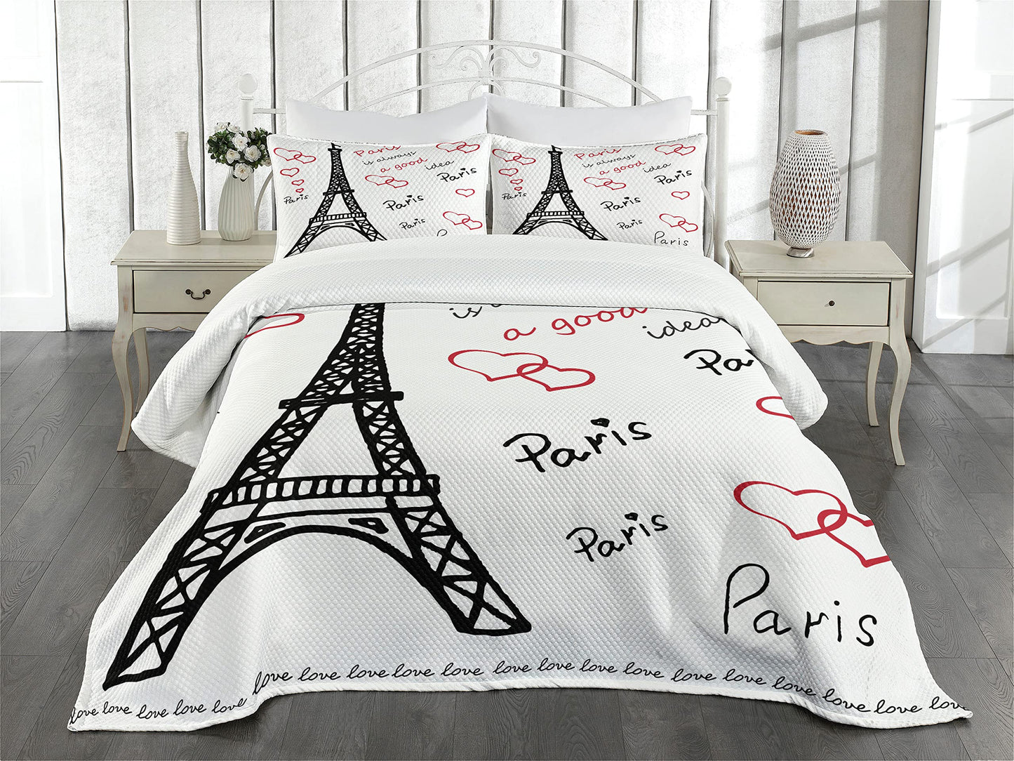 Eiffel Tower Bedspread, Eiffel Tower Paris is Always an Idea Tourism Locations Love, Decorative Quilted 2 Piece Coverlet Set with Pillow Sham, Twin Size, Red Black