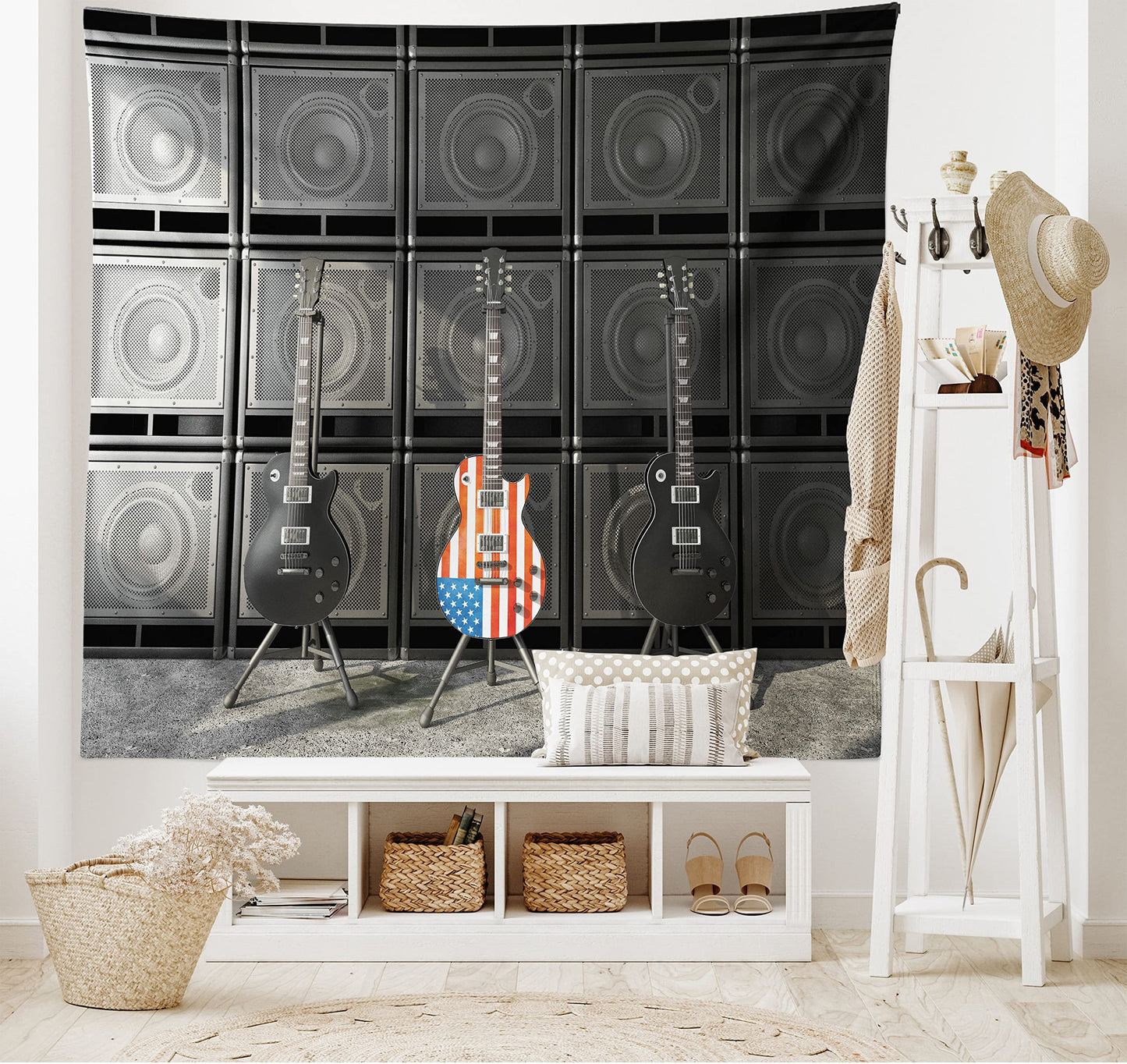 Flag Tapestry, Black and Us B Guitar Electronic Rock Music Theme Digital Graphic Work, Wall Hanging for Bedroom Living Room Dorm Decor, 60" X 80", Charcoal