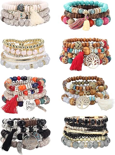 Set of 8 Multicolor Boho Beaded Stackable Bracelets